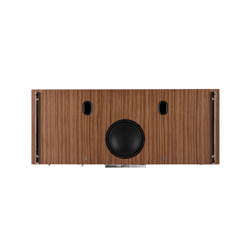 Ruark Audio R810 High Fidelity Music System, Soft grey with Walnut grille, bottom view with sub woofer.