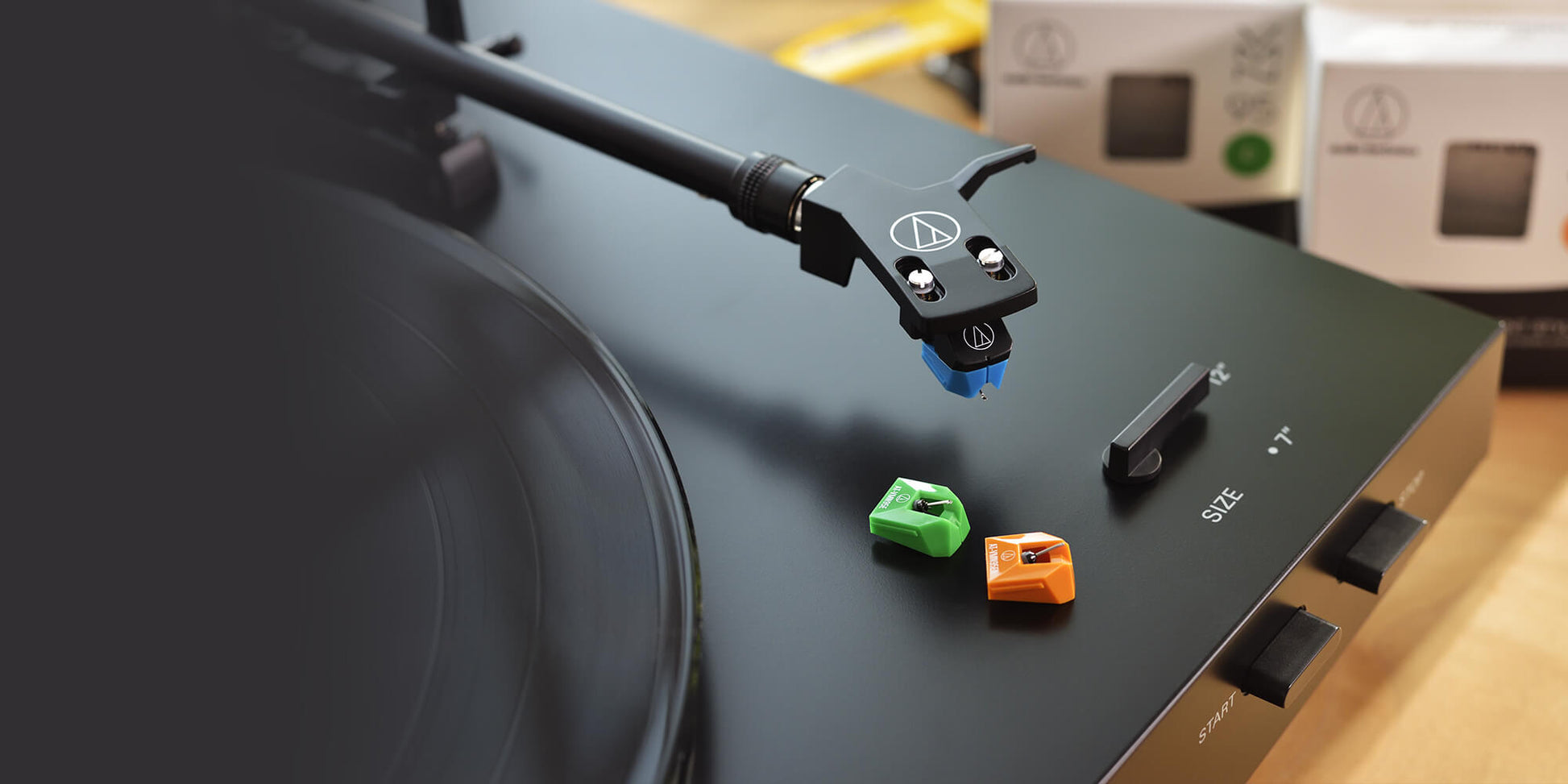 AT-LP3XBT-BK Fully Automatic Belt-Drive Bluetooth Turntable, Black, top, VM series cartridges