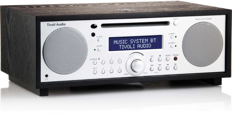 All-in-one Tivoli Music System BT, black/silver finish, side view. 