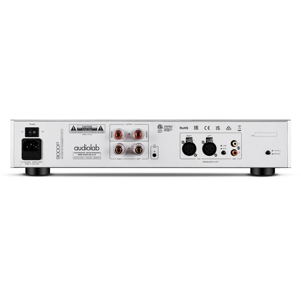 Audiolab 9000P Power Amplifier, rear view, silver finish, Art et Son