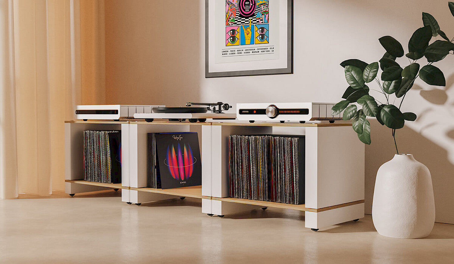 White Blok HiFi stereo rack with oak shelve