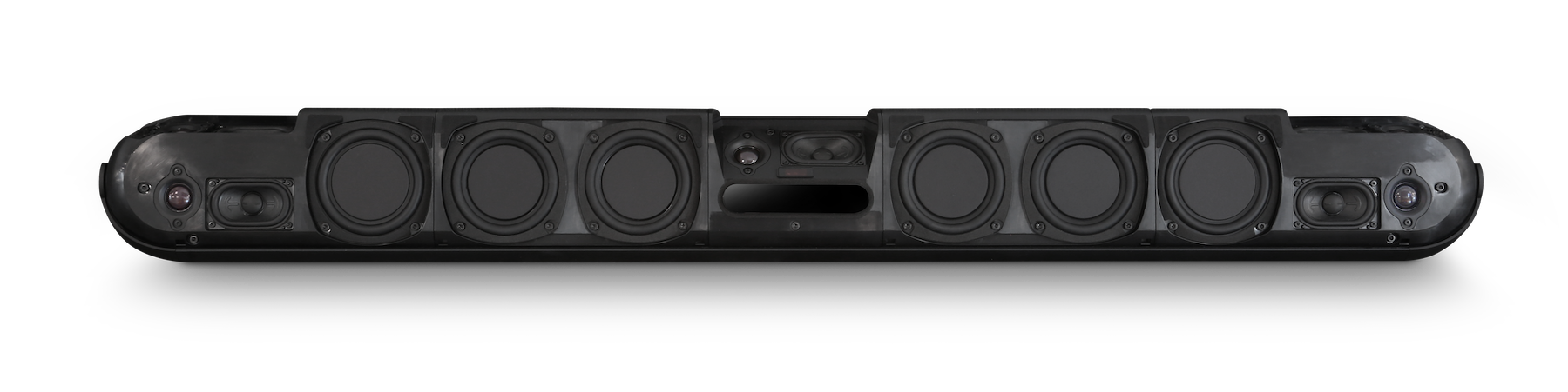 Bluesound CINEMA Streaming Soundbar with Dolby Atmos, front speaker view, no front grille, Art et Son