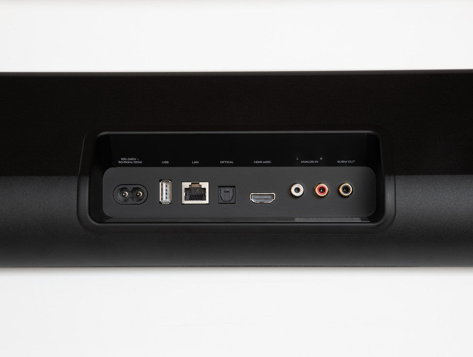 Bluesound CINEMA Streaming Soundbar with Dolby Atmos, rear view connectivity panel, Art et Son