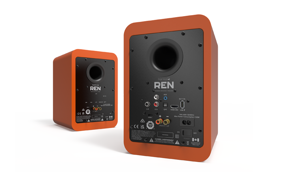 Kanto REN Powered Speaker System, matte orange, rear view