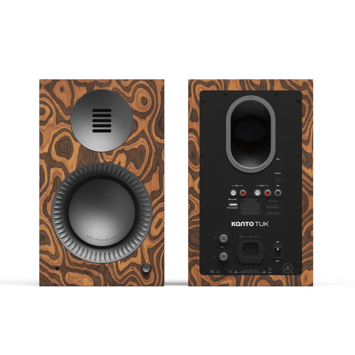 Kanto TUK G2 Powered Bookshelf Speakers, Burled Walnut, Art et Son