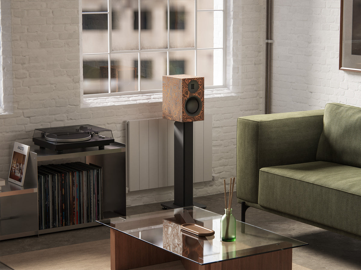 Kanto TUK G2 Powered Bookshelf Speakers, burled walnut in situ, Art et Son