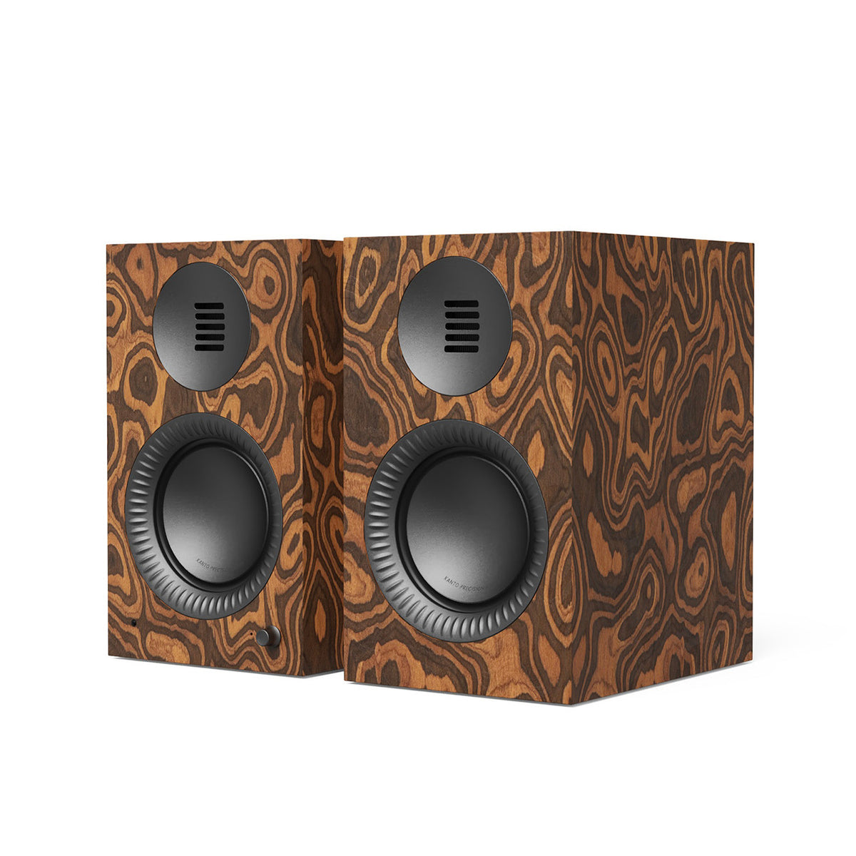 Kanto TUK G2 Powered Bookshelf Speakers, front view, Burled Walnut, Art et Son