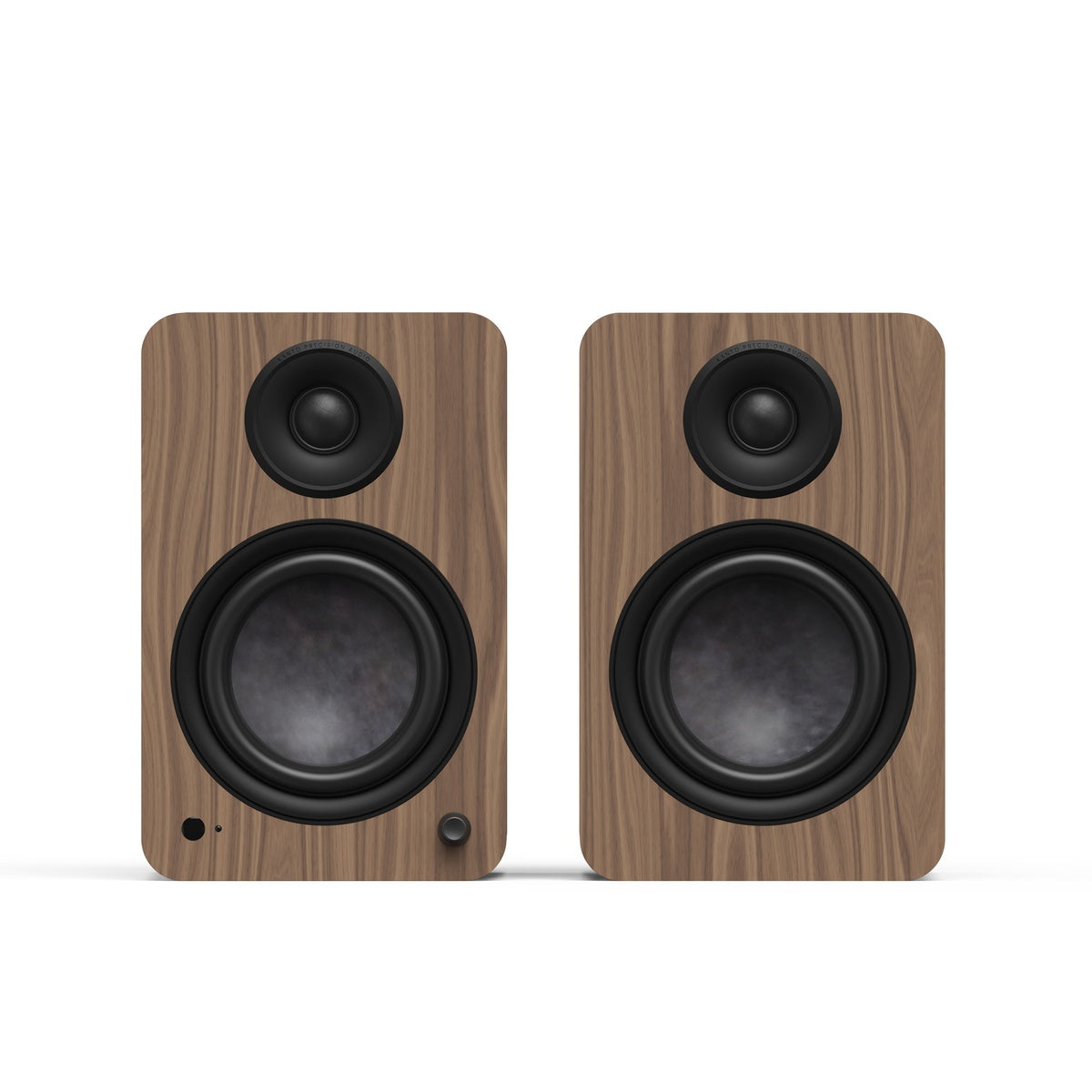 Kanto YU6 (2nd Gen) 200W Powered Bookshelf Speakers, walnut, front view,  Art et Son