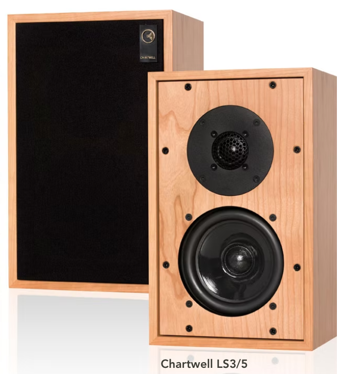Pair of Chartwell BBC LS3/5 wooden speakers with black cones on a white background