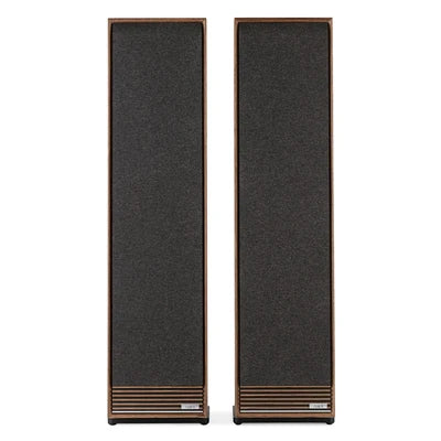 Ruark-Talisman-R floorstanding speakers, fused walnut finish, front view with grilles on, Art et Son