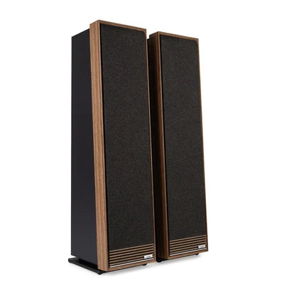 Ruark-Talisman-R floorstanding speakers,  fused walnut, front view with grilles on, Art et Son