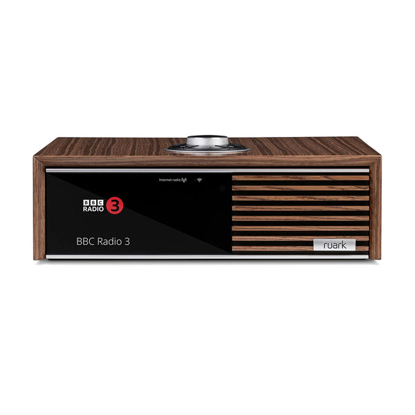 Ruark R610 in a Fused Walnut veneer cabinet with Walnut slat trim, front view.