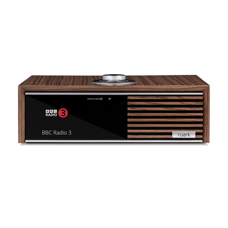 Ruark R610 in a Fused Walnut veneer cabinet with Walnut slat trim, front view.