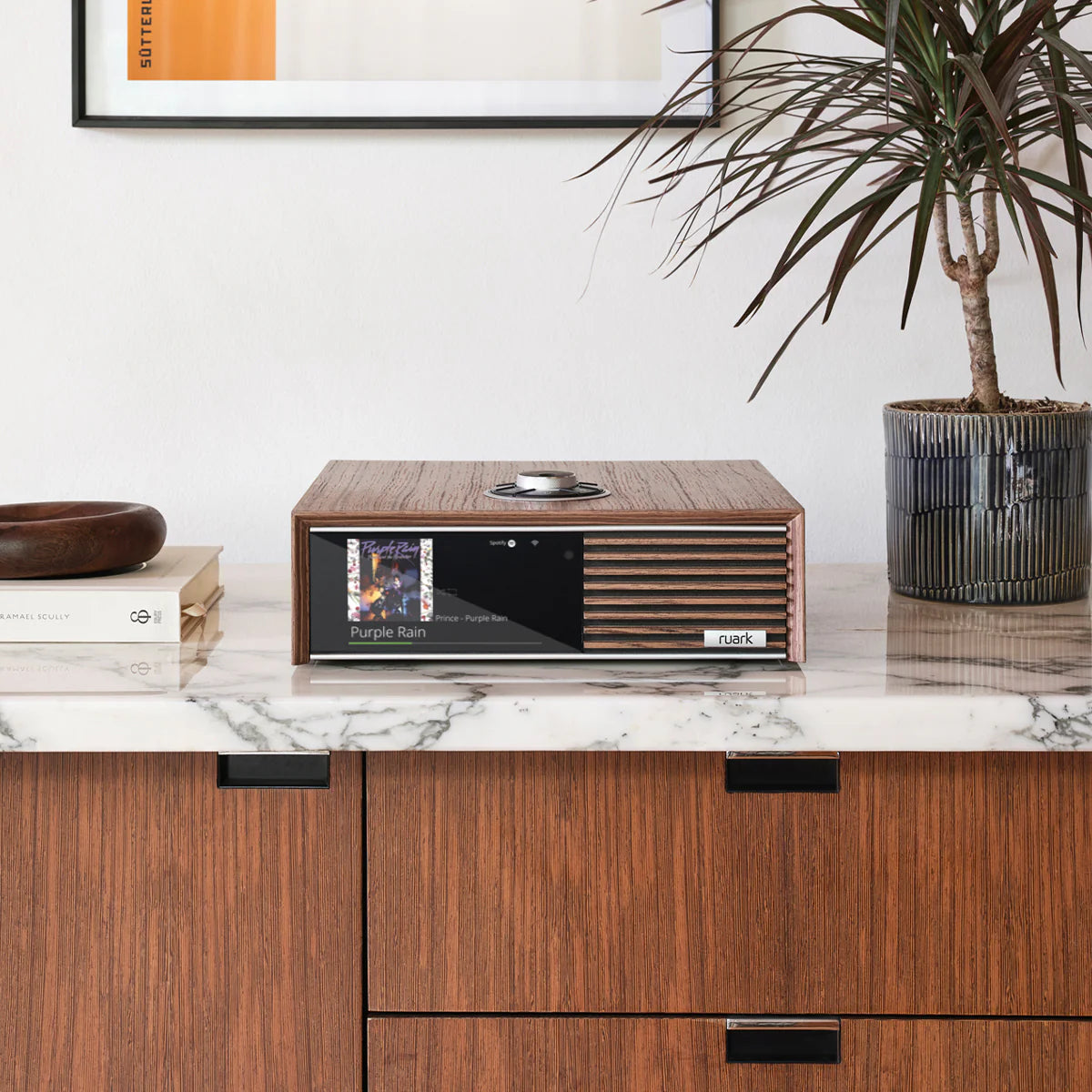 Ruark R610 in a Fused Walnut veneer cabinet with Walnut slat trim in situ.