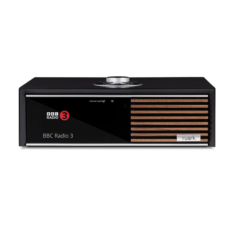 Ruark R610 in a Satin Charcoal lacquer cabinet with Walnut slat trim, front view