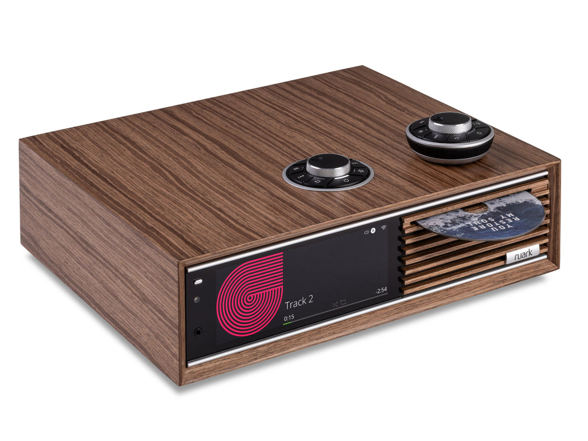 Ruark R710, Walnut, front angle view with CD, Art et Son