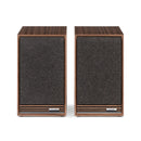 Ruark Sabre-R Bookshelf Speakers (pair) in a Fused Walnut Veneer Cabinet, front view with grilles on.