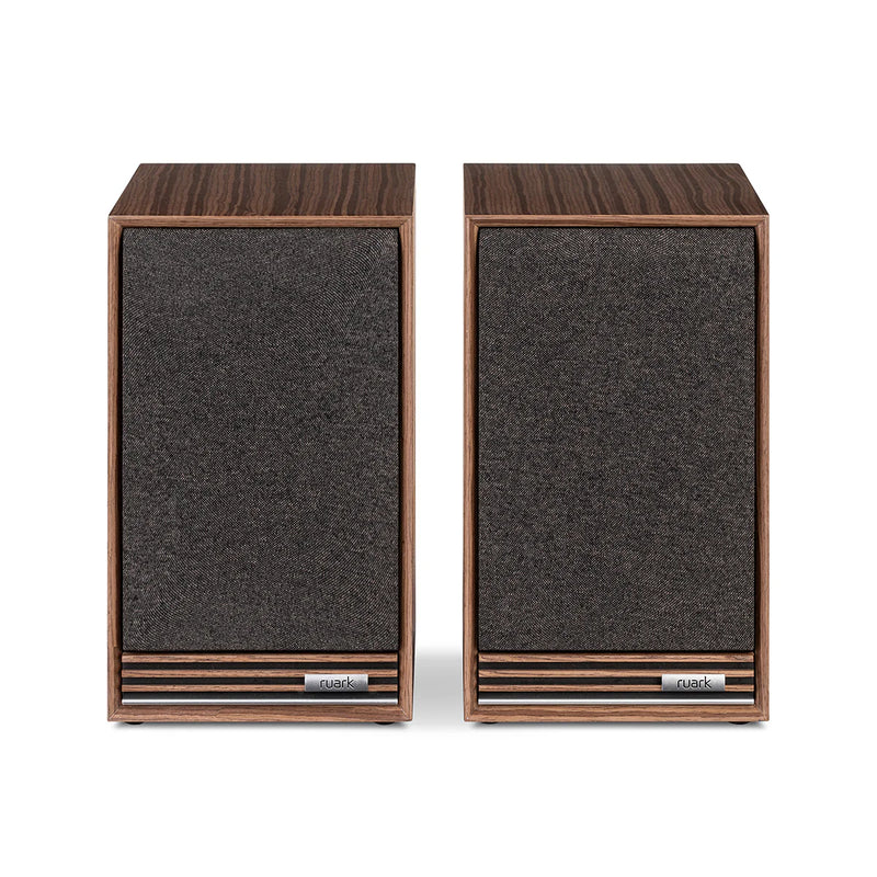 Ruark Sabre-R Bookshelf Speakers (pair) in a Fused Walnut Veneer Cabinet, front view with grilles on.