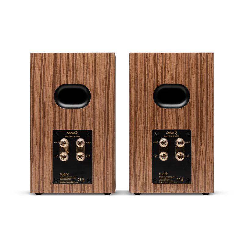 Ruark Sabre-R Bookshelf Speakers (pair) in a Fused Walnut Veneer Cabinet, rear view.