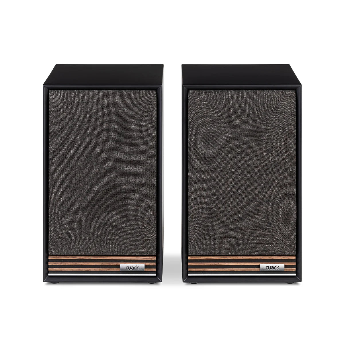Ruark Sabre-R Bookshelf Speakers (pair) in a Satin Charcoal Lacquer Cabinet front view with grilles on.