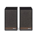 Ruark Sabre-R Bookshelf Speakers (pair) in a Satin Charcoal Lacquer Cabinet front view with grilles on.