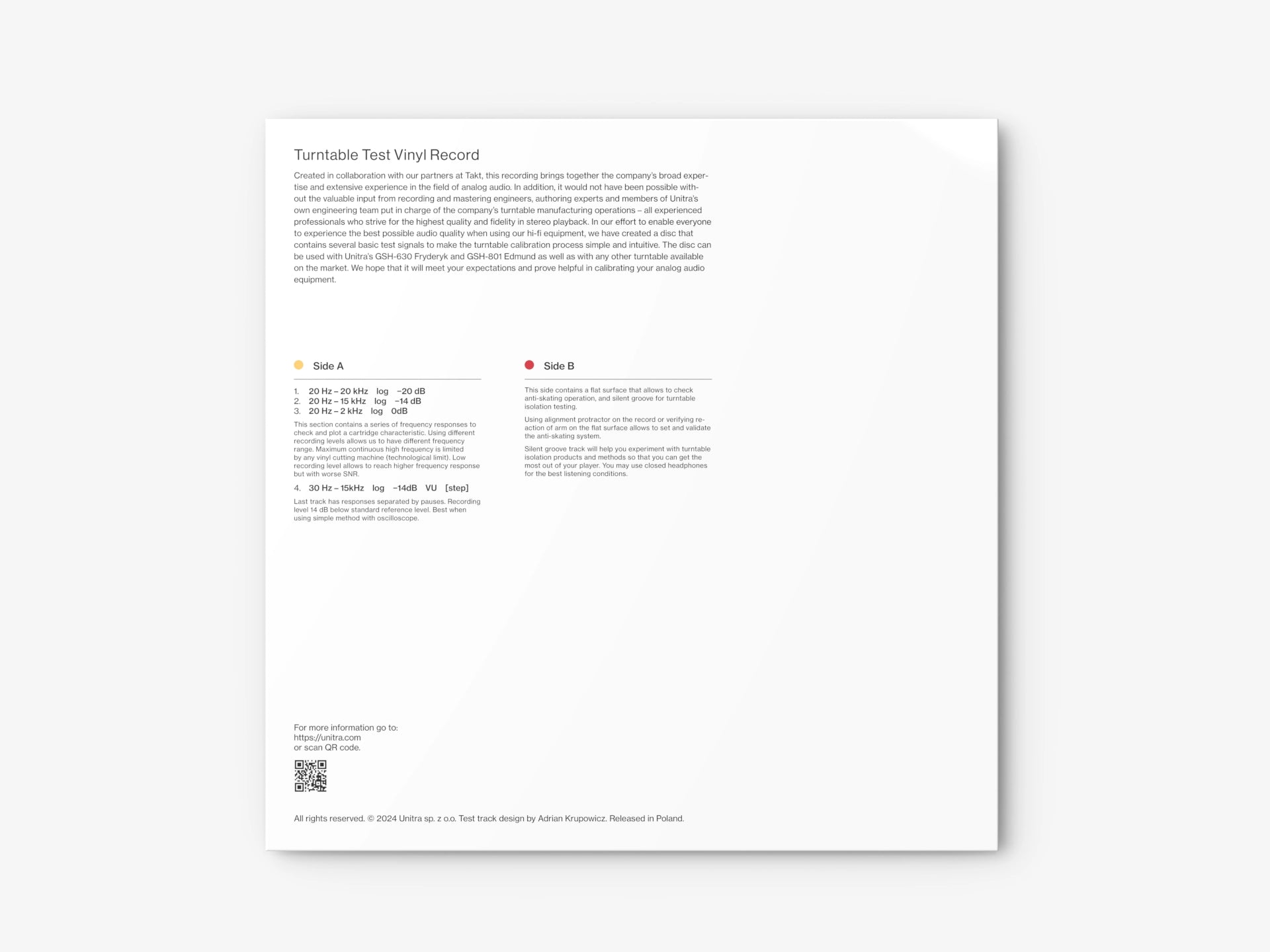 WT-1 Turntable Test Vinyl Record - Standard Edition