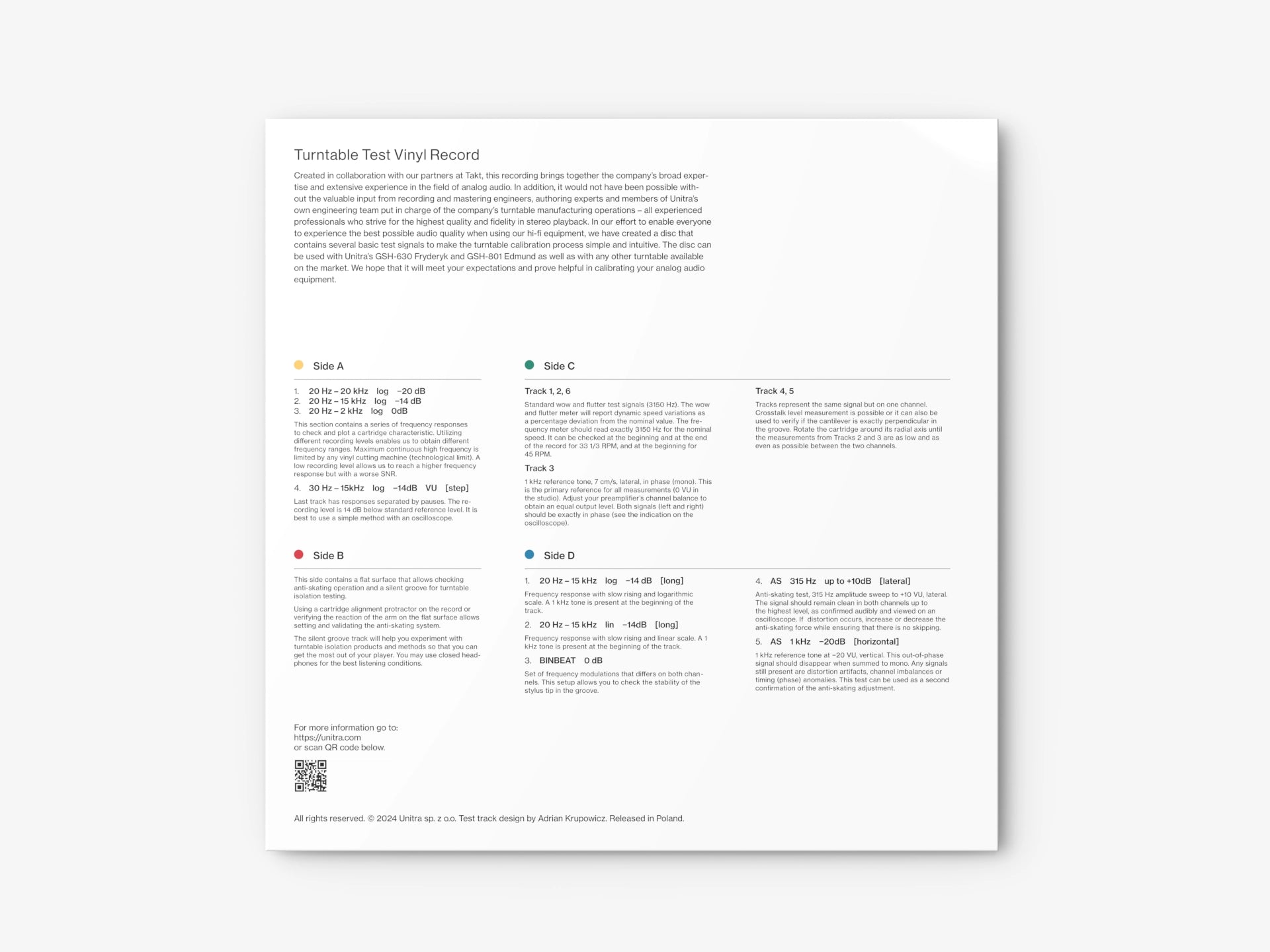 Unitra WT-2 Turntable Test Vinyl Record - Laboratory Edition