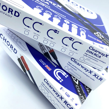 Chord Company ClearwayX RCA/XLR/DIN Interconnect packaging with text