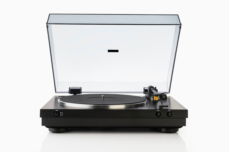 Dual CS 329 Fully Automatic Turntable front view with dust cover open