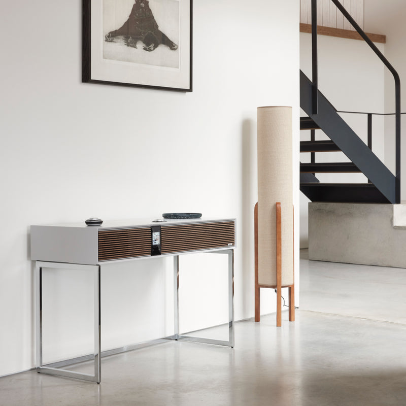 Ruark Audio R810 High Fidelity Music System, Soft grey with Walnut grille in situ.