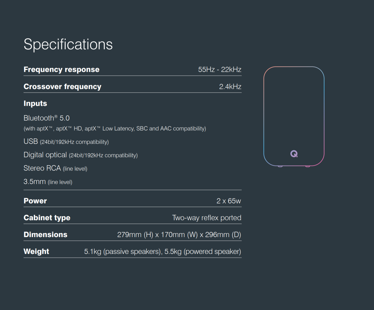 Q Acoustics M20 Wireless Music System. Designed to deliver stunning wireless stereo sound, the flexible M20 HD audio system from Q Acoustics is the most powerful and immersive way to enjoy music, movies, and gaming sound anywhere in the home. Featuring aptX™ HD Bluetooth® connectivity for wireless streaming of high quality audio from devices such as smartphones, tablets, laptops, and network streamers.